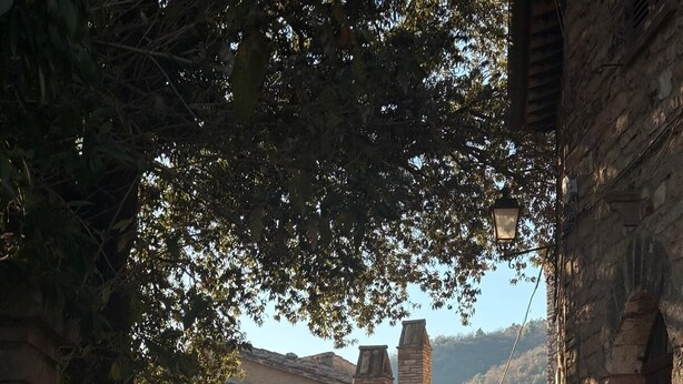 A narrow cobblestone street leading to a rustic stone building with a chimney, surrounded by trees and a mountainous backdrop. - Terrace of Collepino | Panoramic Holiday Home in Umbria (Collepino)