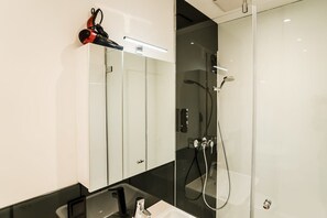 Regadera, secadora de cabello, toallas, shampoo 