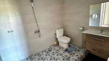 Regadera, toallas, jabón, papel de baño