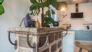 Una cocina rústica con una barra de madera, una planta colgante y un televisor montado.