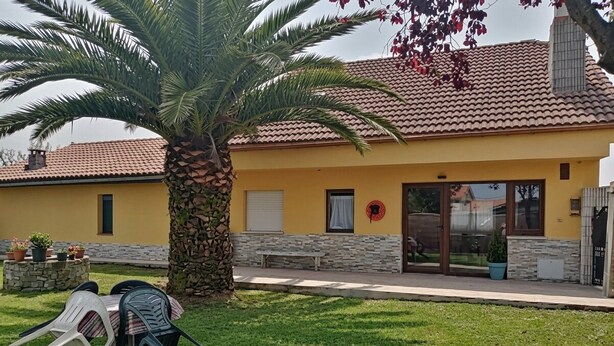 A yellow building with a tiled roof, a palm tree, and outdoor seating. - House by the sea in the most beautiful village of Asturias!!! (Muros de Nalón)