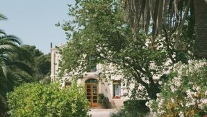 A building with a gated entrance, surrounded by lush greenery and palm trees. - Mas Palou (El Pla del Penedès)