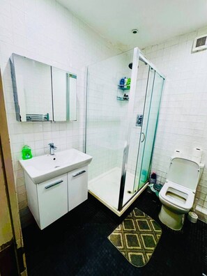 A bathroom with a glass-enclosed shower, a white sink with a mirror above, and a toilet. - Beautiful one bedroom flat in London (Greater London)