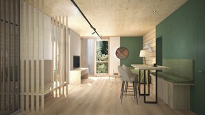 Un interior moderno con comedor, sofá, televisor y vistas a zonas verdes.