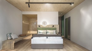 A modern bedroom with a wooden ceiling, a bed with white bedding, a bedside table, and a wall-mounted light fixture.