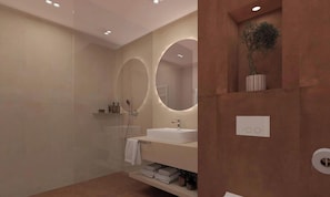 A modern bathroom with a glass shower enclosure, a white sink, and a mirror with circular frames. - NaturHotel Snovik (Kamnik)