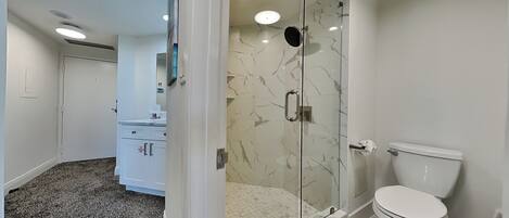 A modern bathroom with a glass shower enclosure, a toilet, and a sink.