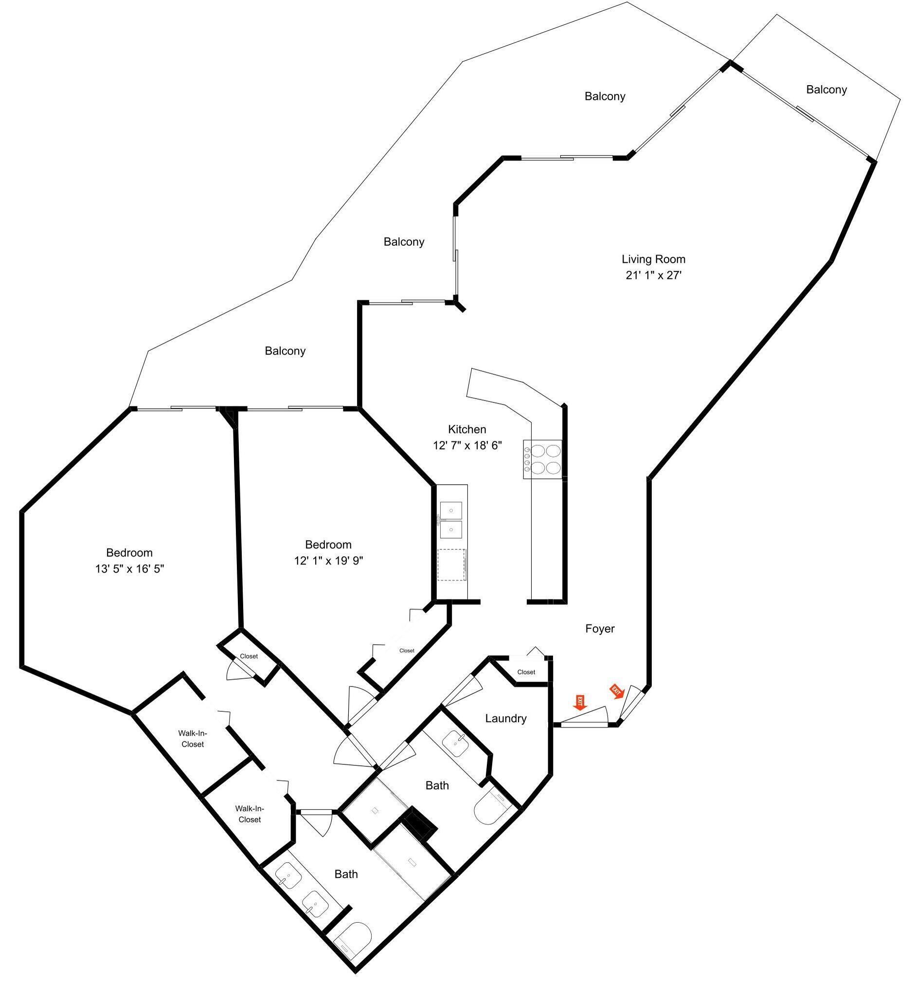A floor plan with a bedroom, balcony, living room, kitchen, and bathroom.
