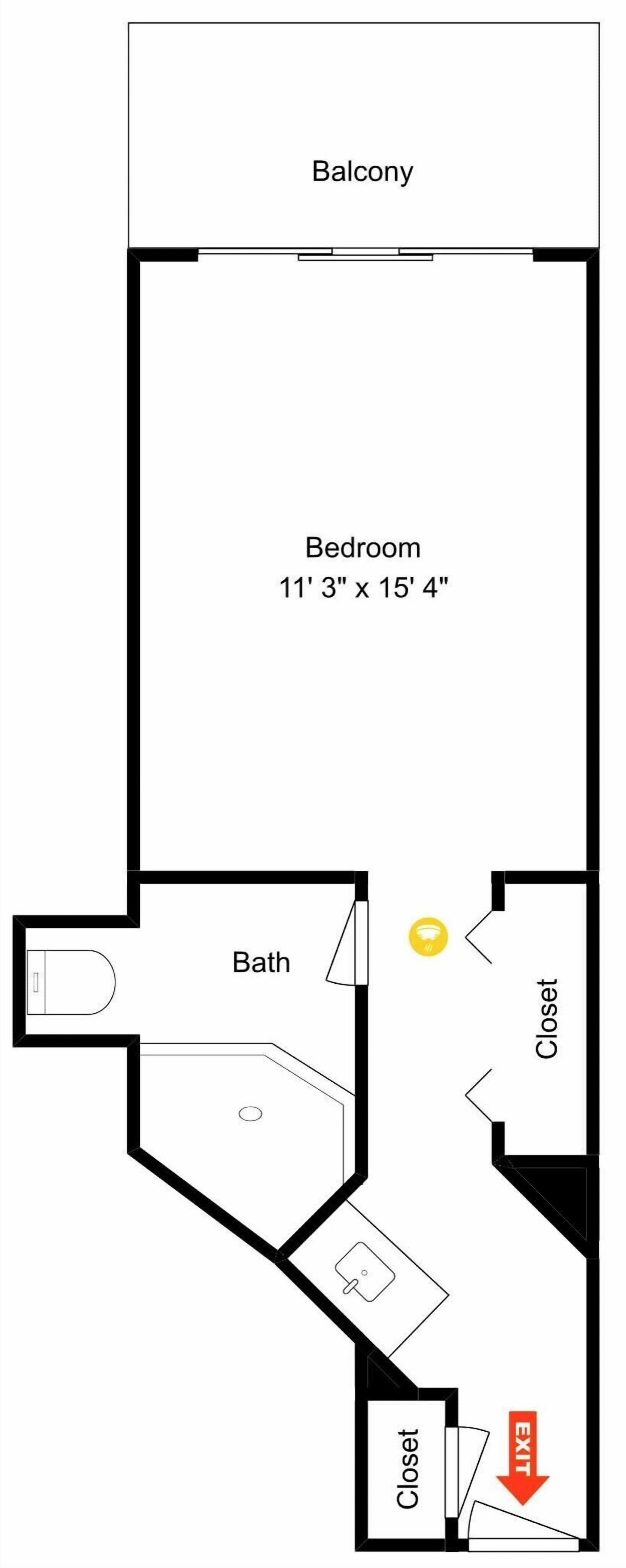 A floor plan with a bedroom measuring 11' 3' x 15' 4', a bathroom, a closet, and an exit.