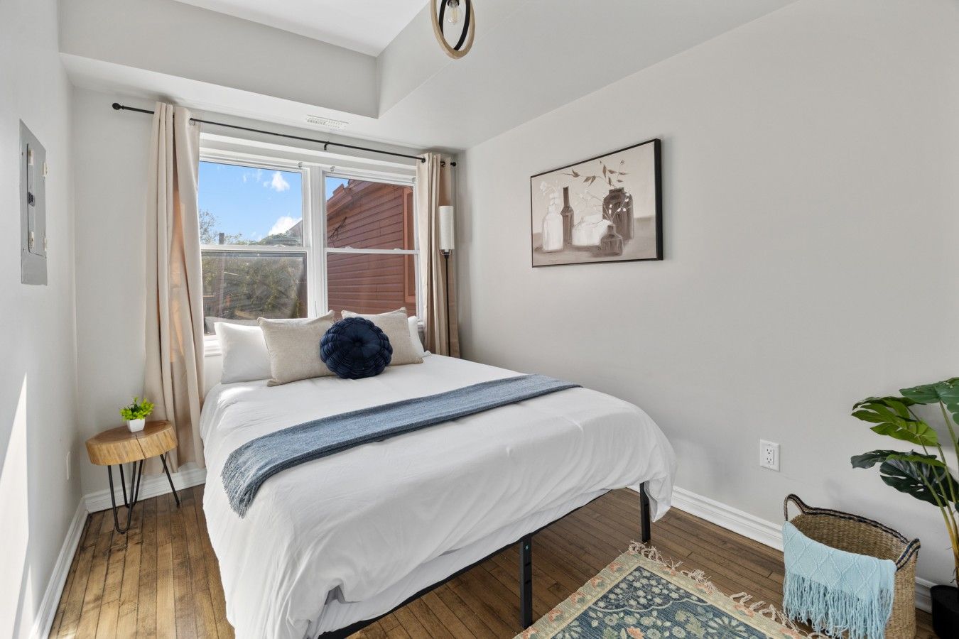 A bedroom with a bed, a window, a small side table, a plant, and a wall-mounted picture.