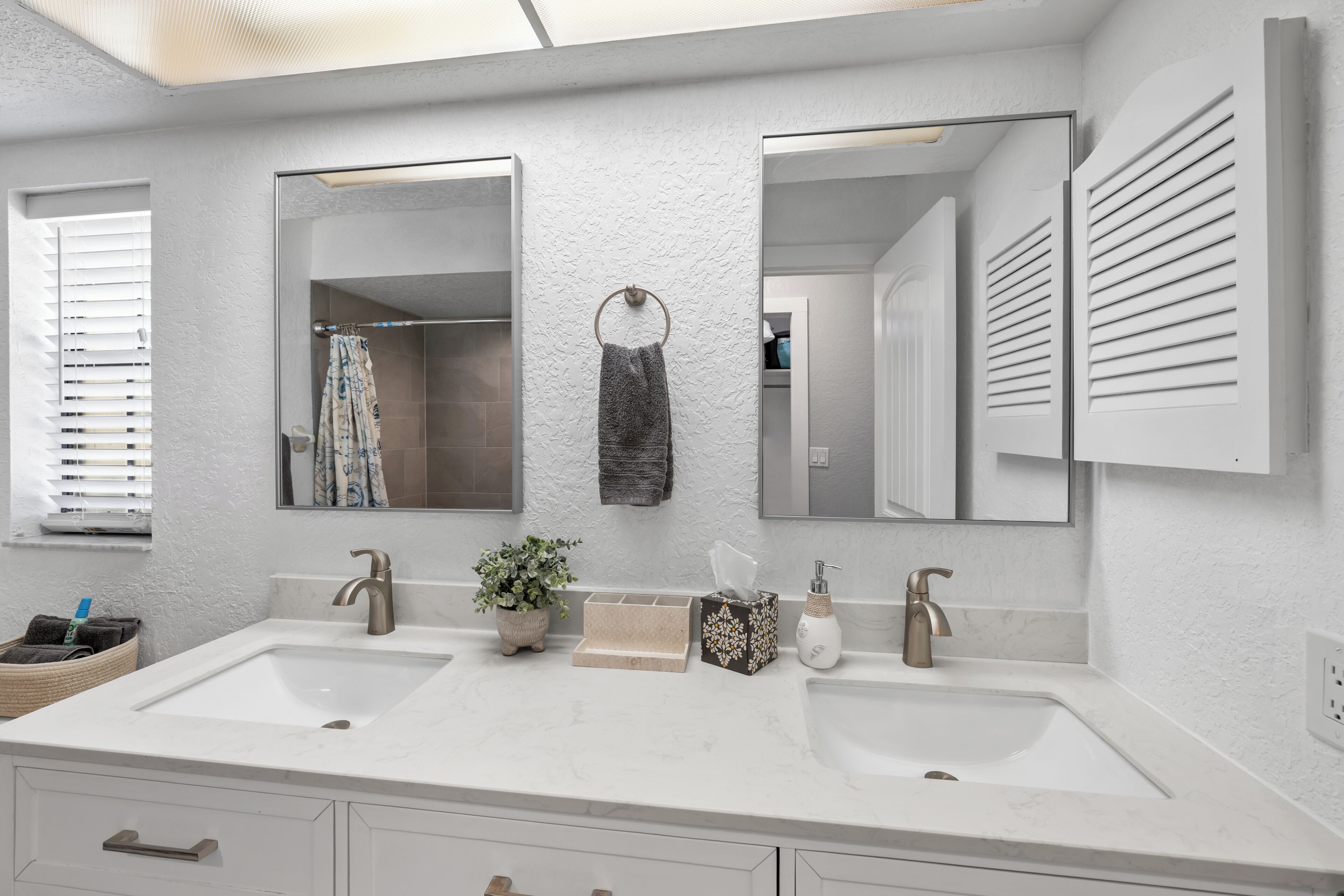 Une salle de bain avec deux lavabos, un miroir, un porte-serviettes et une plante en pot.