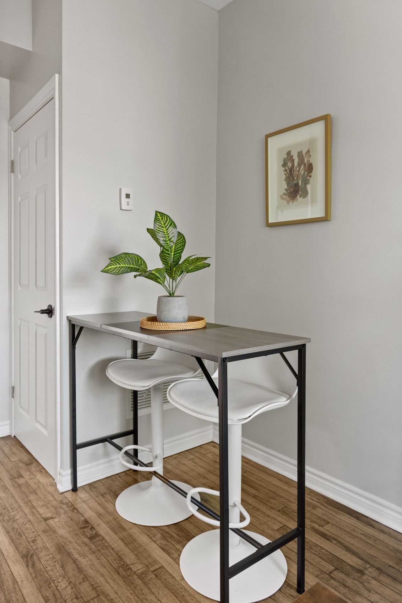 A modern kitchen with a grey countertop, white cabinetry, and a potted plant.