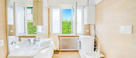 Shower, hair dryer, bidet, towels