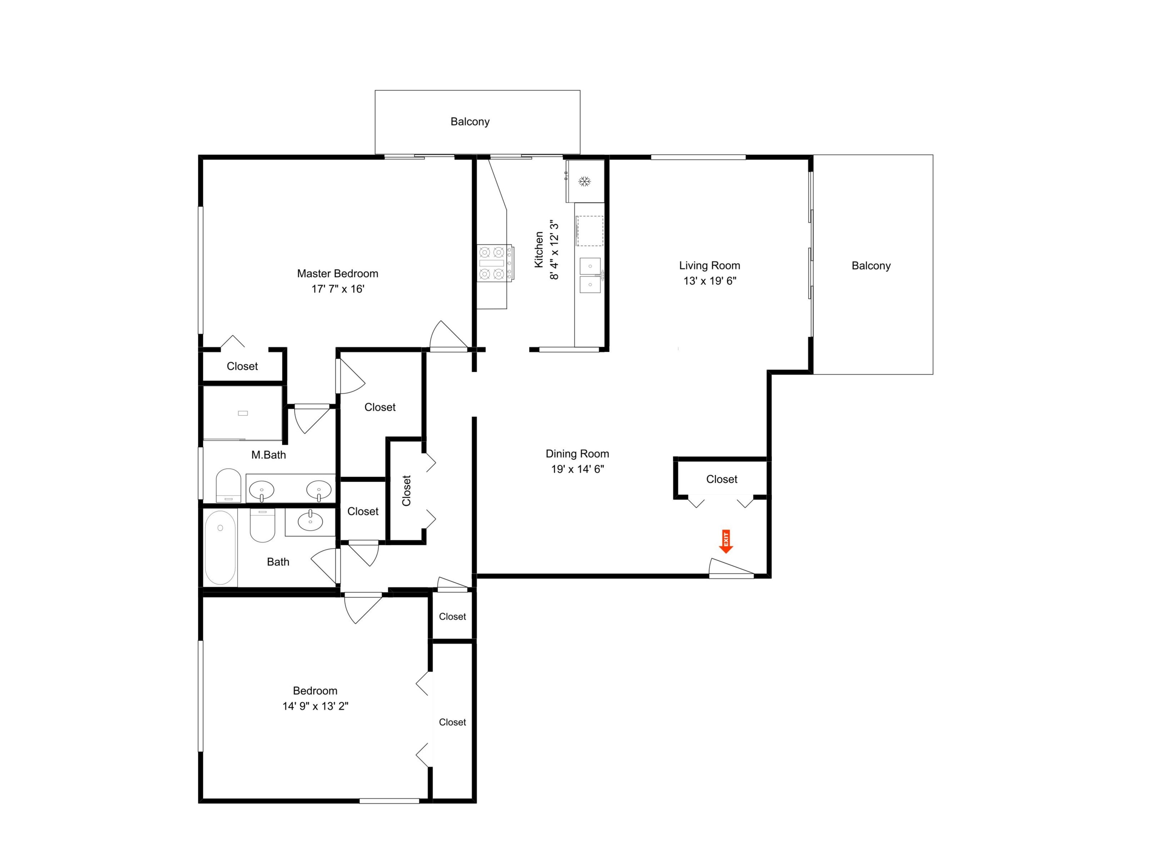 A floor plan with a master bedroom, balcony, kitchen, living room, dining room, and bathroom.