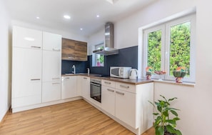 A modern kitchen with white cabinets, a microwave, a kettle, and a window with plants. - House in city center of Rovinj (Rovinj)