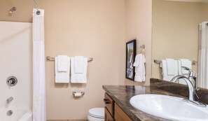 Un bagno con doccia, WC, lavandino e specchio.