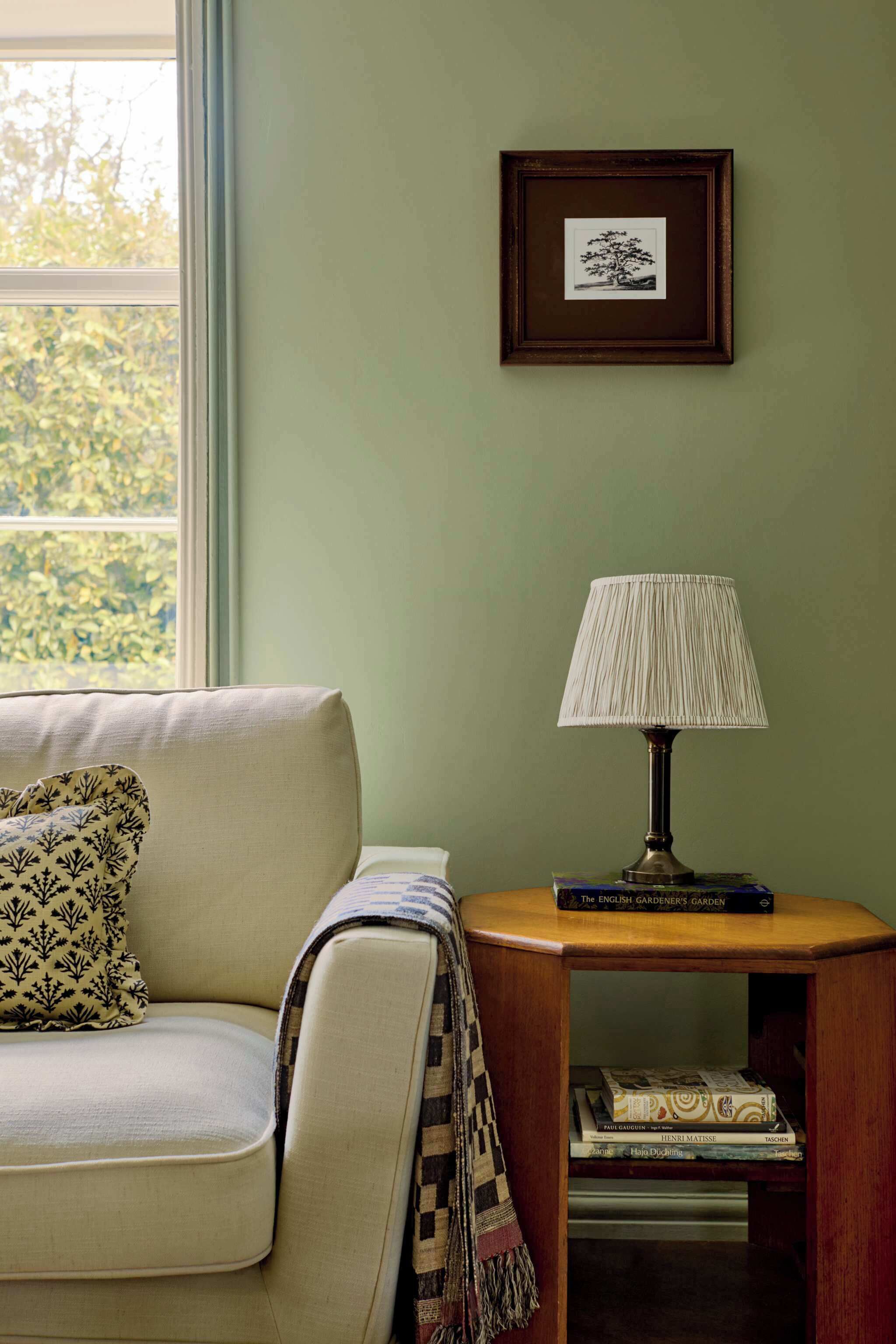 A room with a sofa, a lamp, a framed picture, and a bookshelf.