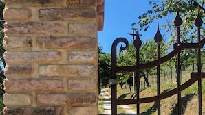 A brick wall and a metal gate with a pathway leading through a vineyard. - Farmhouse with pool 3 km from Sansepolcro (Sansepolcro)