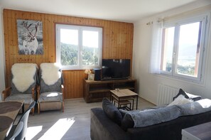 Ein Wohnzimmer mit Holzwandverkleidung, einem Fernseher auf einem Holzständer, zwei Sessel mit Felldecken, einem Sofa und Blick durch große Fenster.