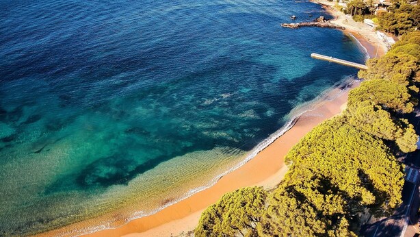 An aerial view of a coastal area with clear blue waters, a sandy beach, and dense green vegetation. - Modern holiday home with Wi-Fi, mountain view, air conditioning – Côte d’Azur, 4 guests (Roquebrune-sur-Argens)