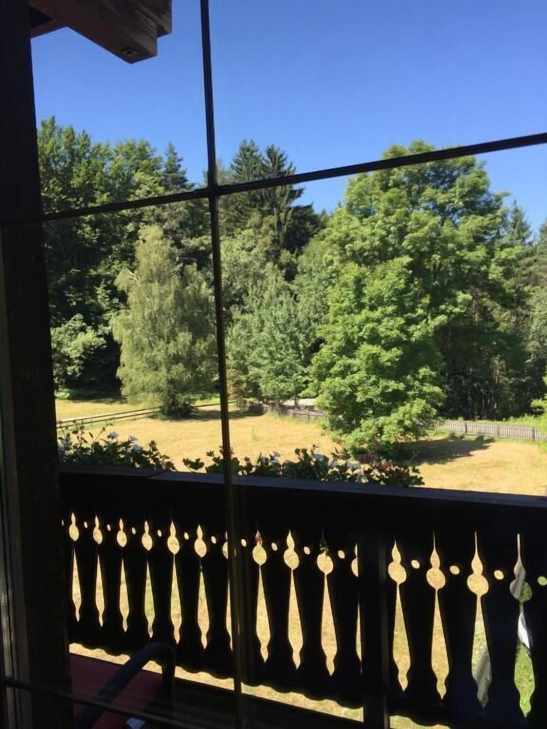 Blick durch ein Fenster mit schmiedeeisernem Geländer, strahlend blauem Himmel und einer bewaldeten Gegend mit Bäumen und einer grünen Wiese.