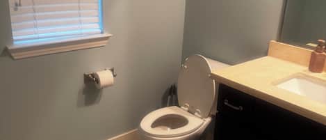 Hair dryer, towels, soap, toilet paper