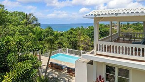 A pool with a view of the ocean, surrounded by lush greenery and a white fence.