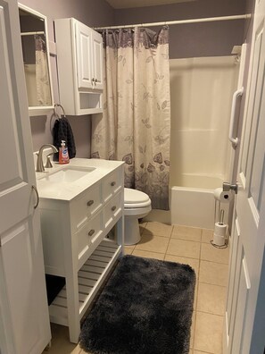 Hair dryer, towels, soap, toilet paper