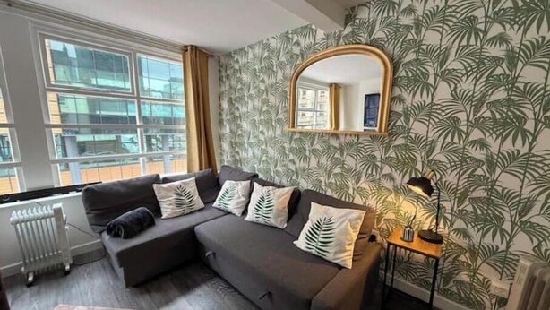 Un salon avec un canapé gris, un miroir, un radiateur et une fenêtre donnant sur des immeubles.