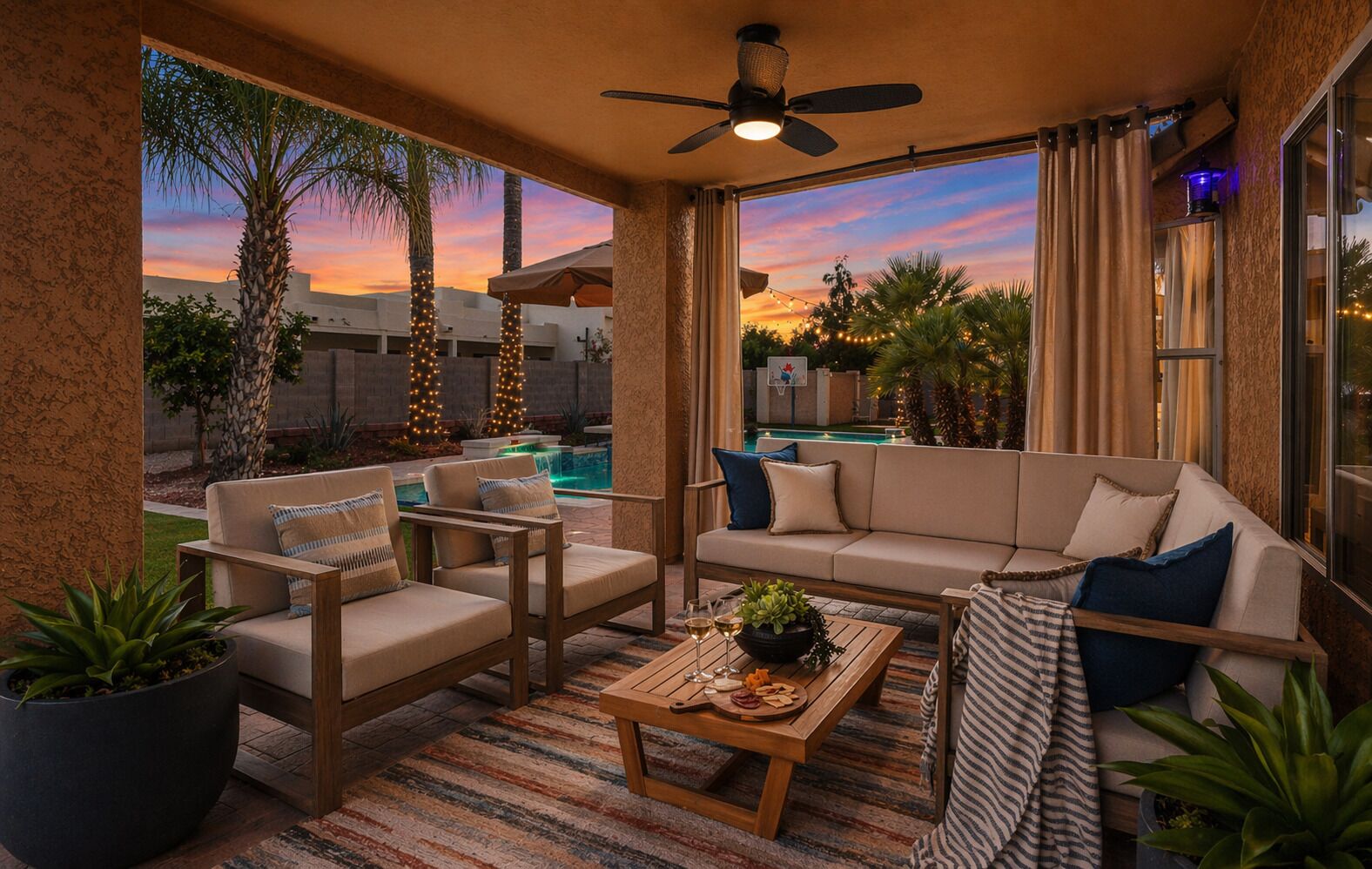 Evenings under the palms — unwind in a private, resort-style setting as the desert sky fades to dusk