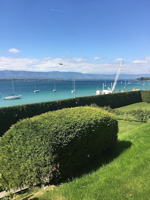 Paesaggio costiero con vista chiara sul mare, una gru e un siepe curata.