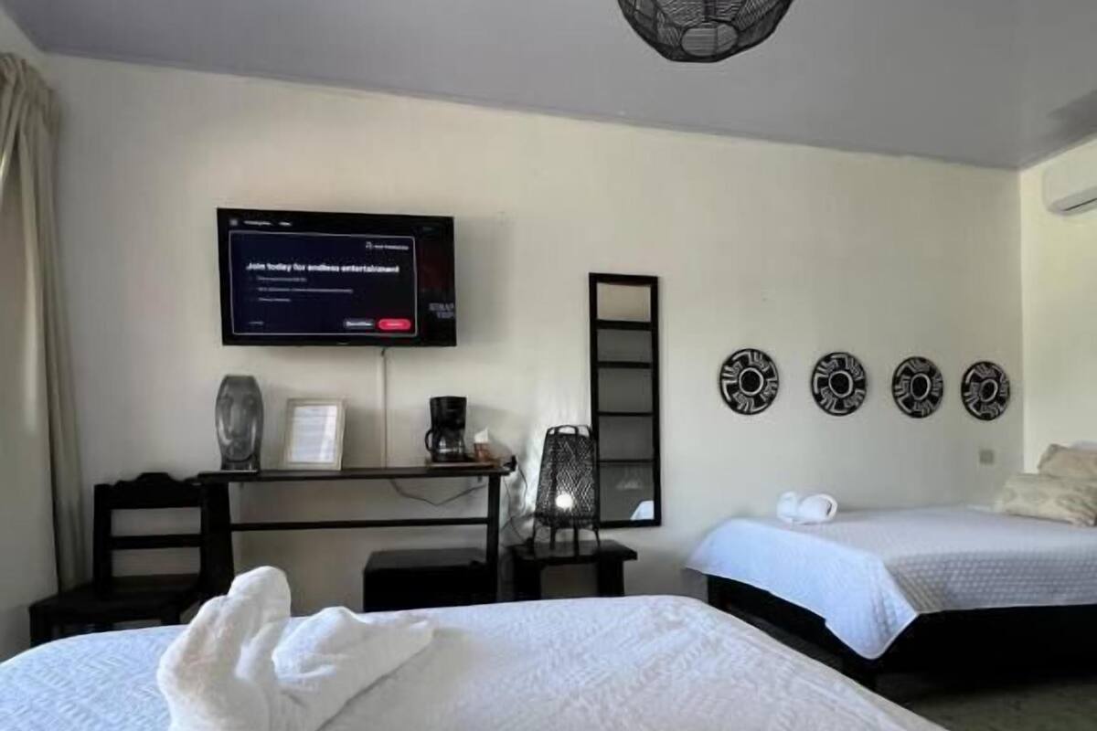 Habitación de hotel con dos camas, un escritorio con computadora, un televisor y una decoración de pared.