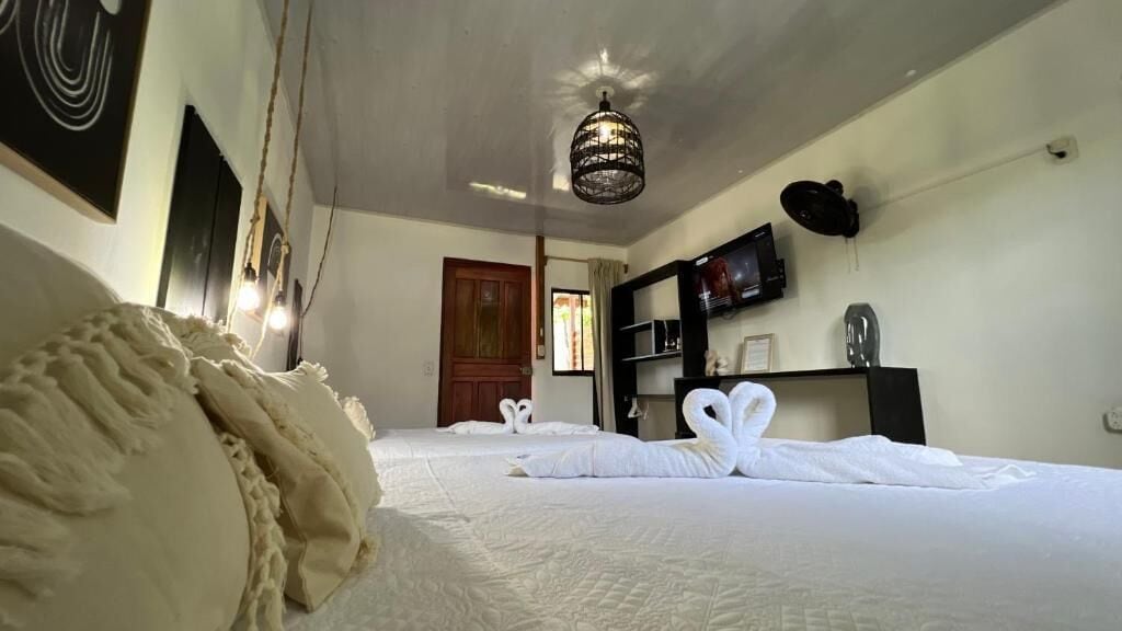 Habitación de hotel con cama, televisor, armario y puerta.