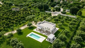 Une maison moderne dotée d’une piscine, entourée d’une végétation luxuriante et d’une pelouse bien entretenue.