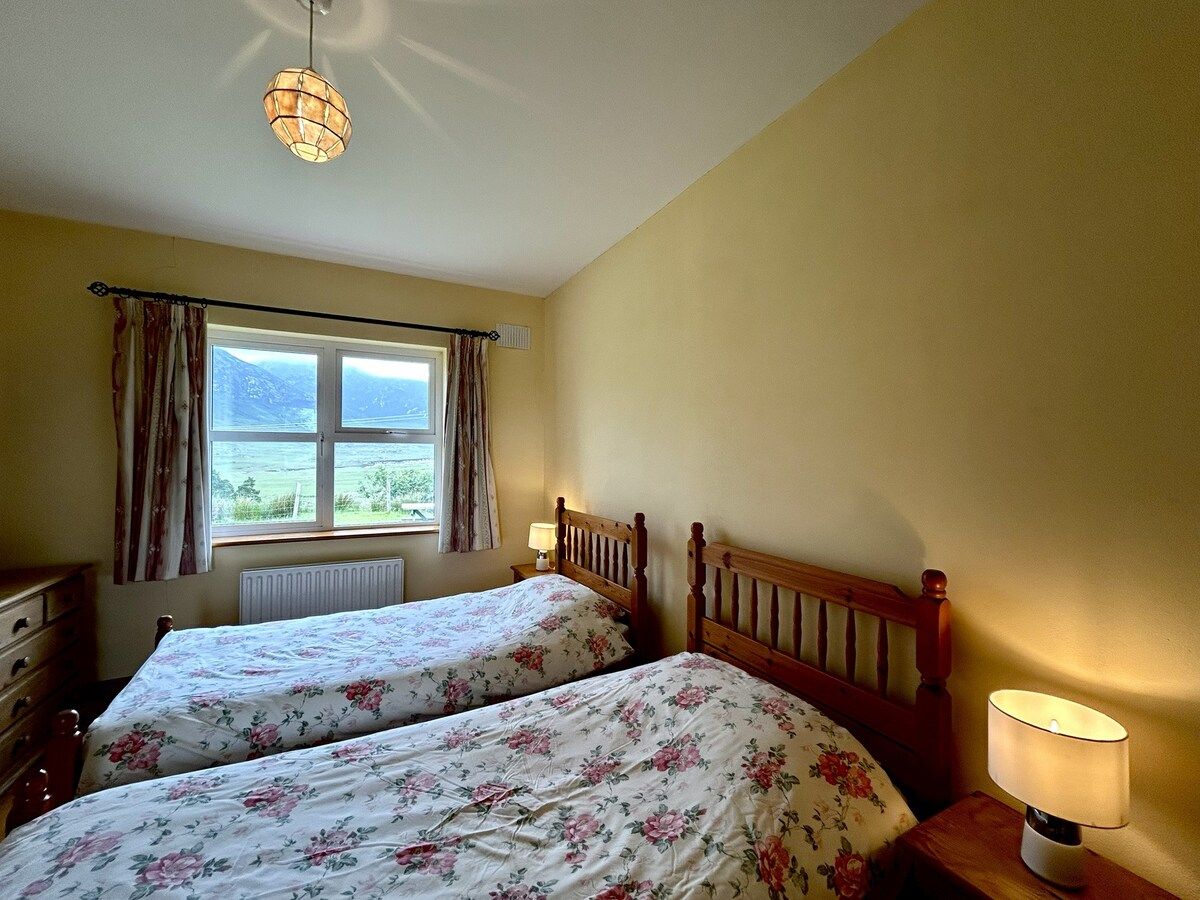 A room with two beds, a window with curtains, a radiator, and a lamp on a bedside table.