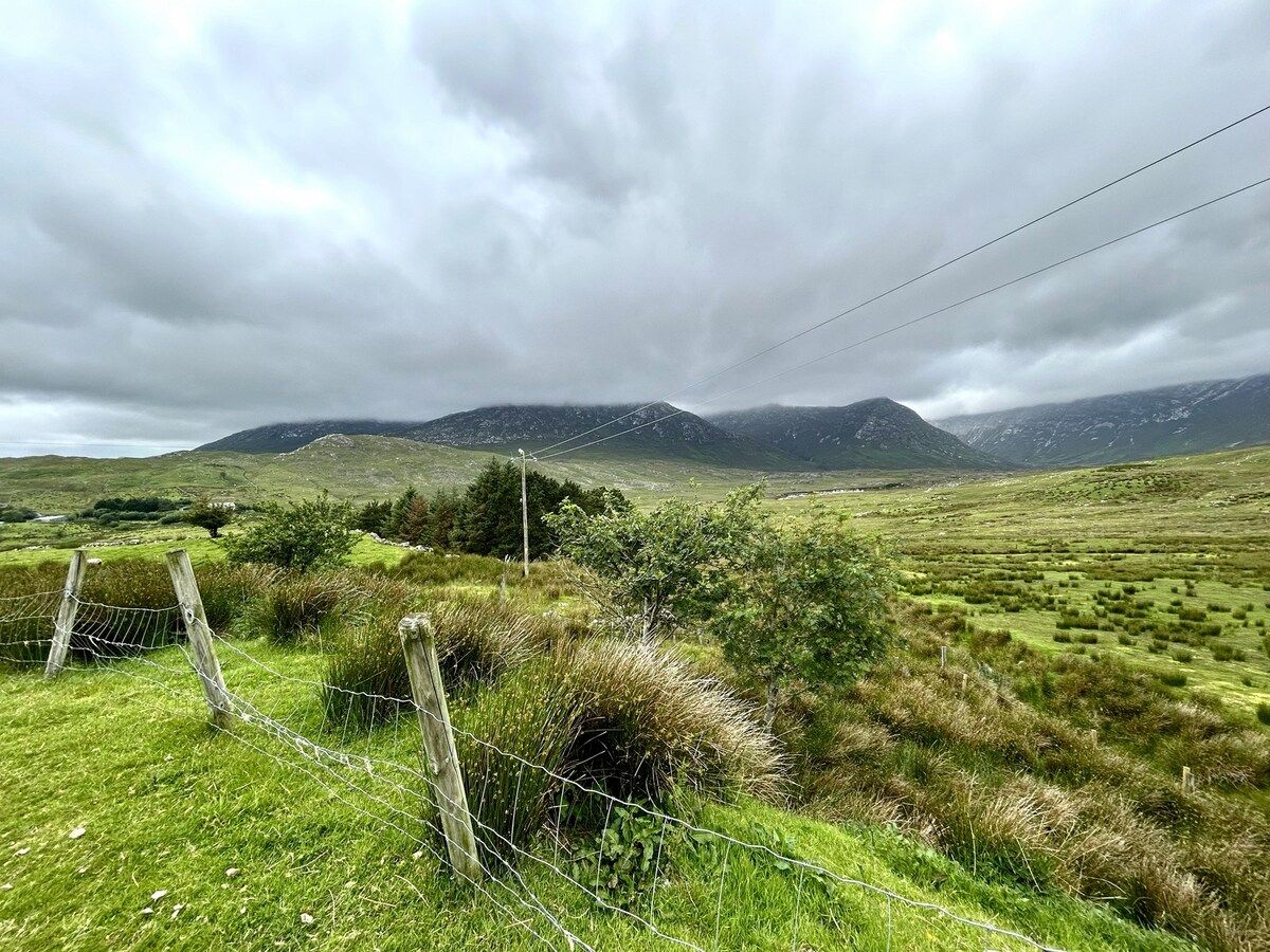 A rural landscape with a grassy field, a wooden fence, and distant mountains under a cloudy sky.