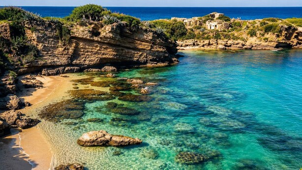A coastal landscape with clear turquoise waters, rocky formations, and a sandy beach. - Zaffiri House - Elegant villa with private pool 300 mt from the sea (Plemmirio)