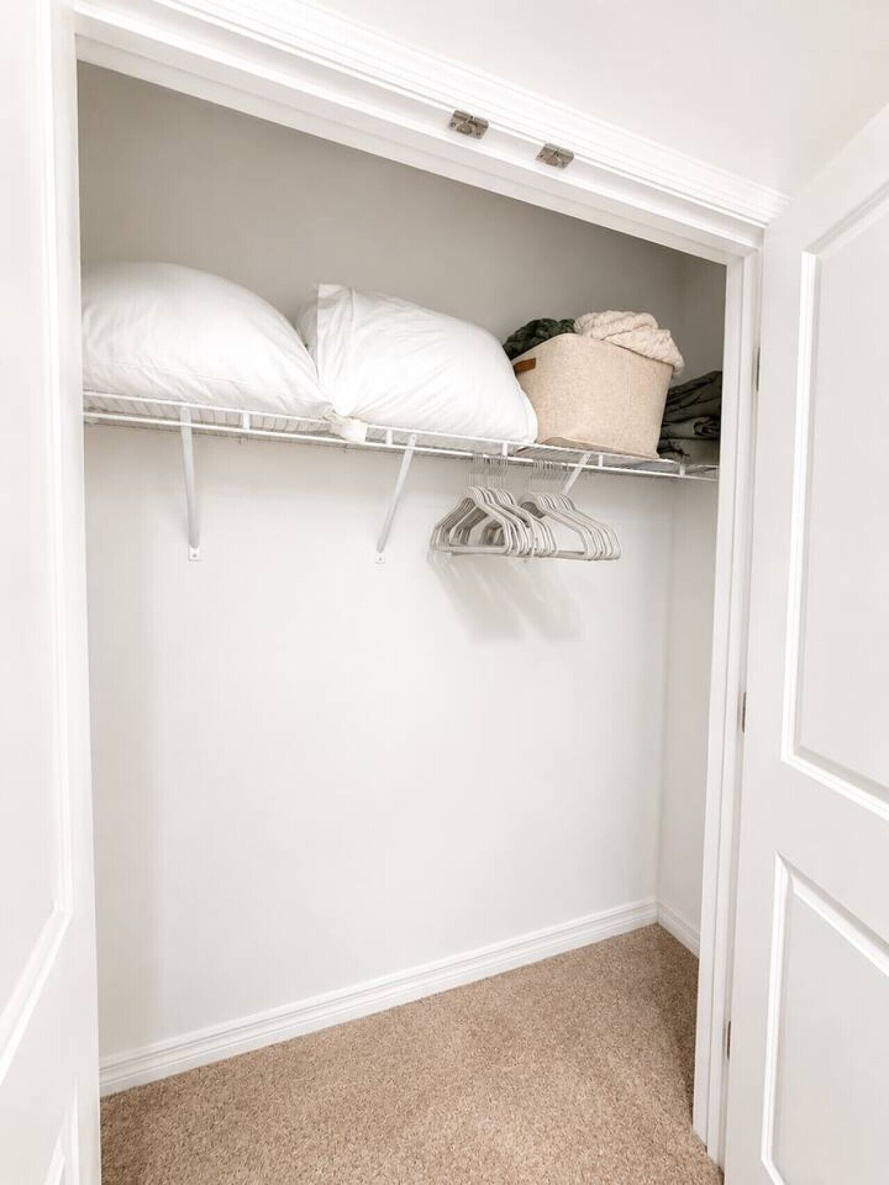 A walk-in closet with white walls, a beige carpet, and a white door.