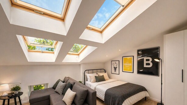 A modern bedroom with skylights, a bed, a sofa, and a bedside table. - Skylight Loft in City Center with AC (Kraków)
