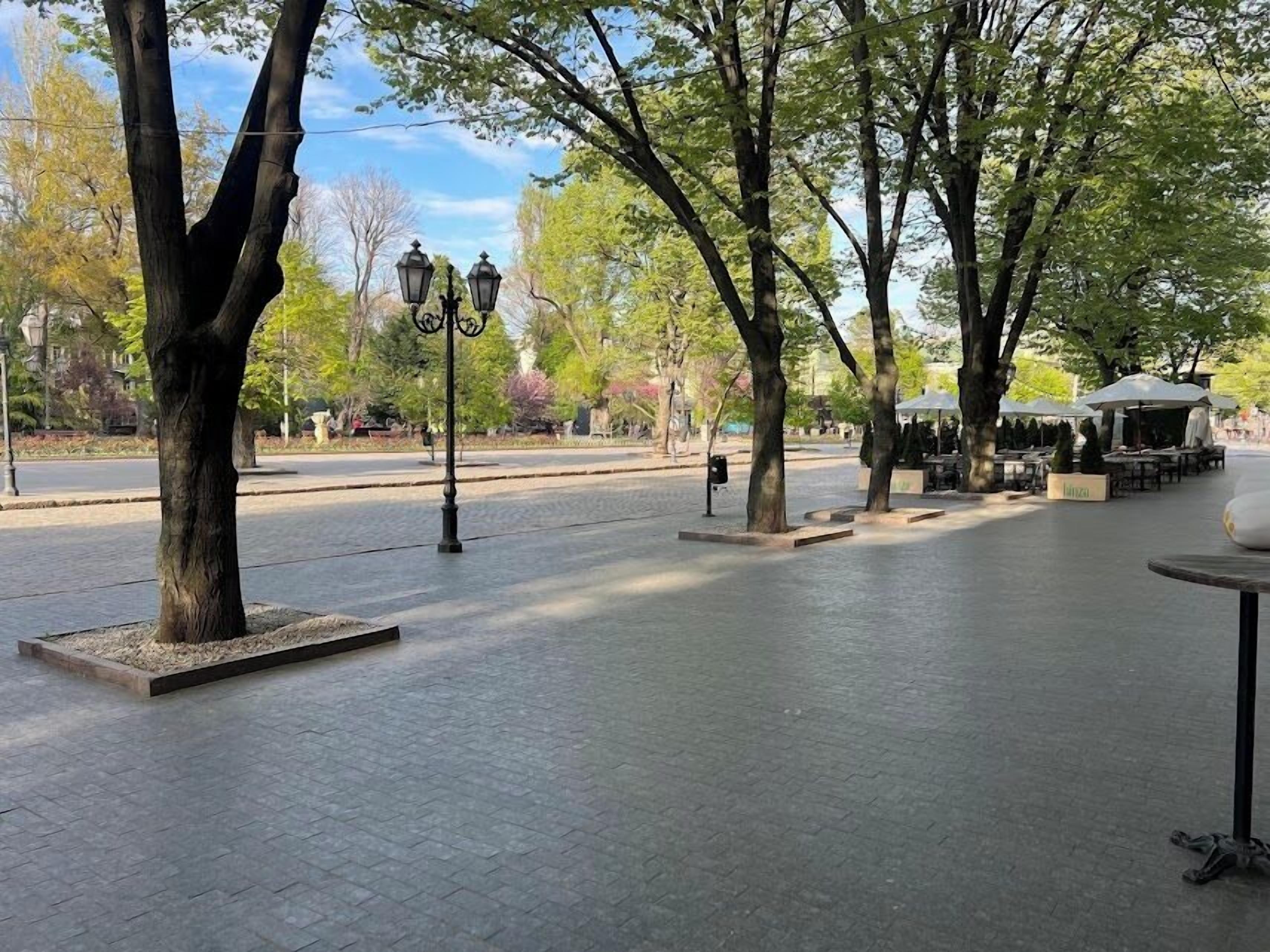Espaço ao ar livre pavimentado, com árvores, luminárias de rua e mesas.
