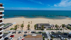 A beach view from a hotel with a parking lot and palm trees. - GuestHost - Sea View Europa Apartment (Montesilvano)