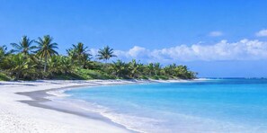Een strand met wit zand, helder turquoise water en palmbomen.