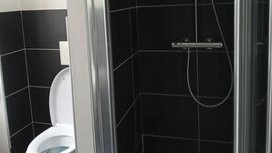 A bathroom with a toilet, a shower with a glass door, and black tiled walls. - Au Bosquet Fleuri - Maison de campagne (Martizay)