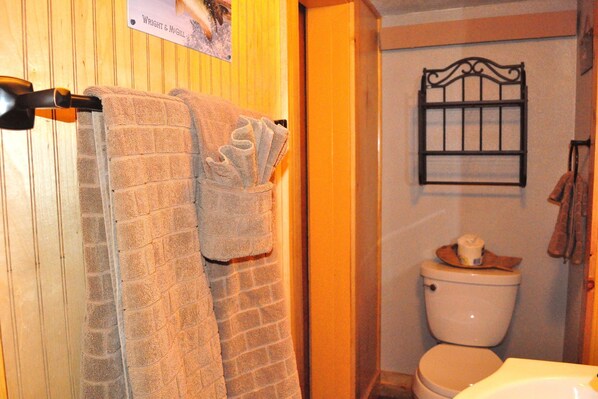 Une salle de bain comprenant des toilettes, un porte-serviettes avec des serviettes et un support à papier toilette fixé au mur.