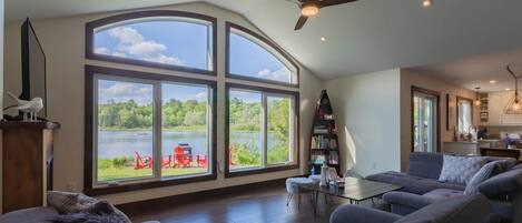 Fireplace, video games, DVD player, books
