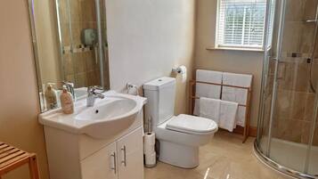 Une salle de bain avec une douche à parois de verre, un lavabo avec un miroir, des toilettes et une fenêtre avec des stores.