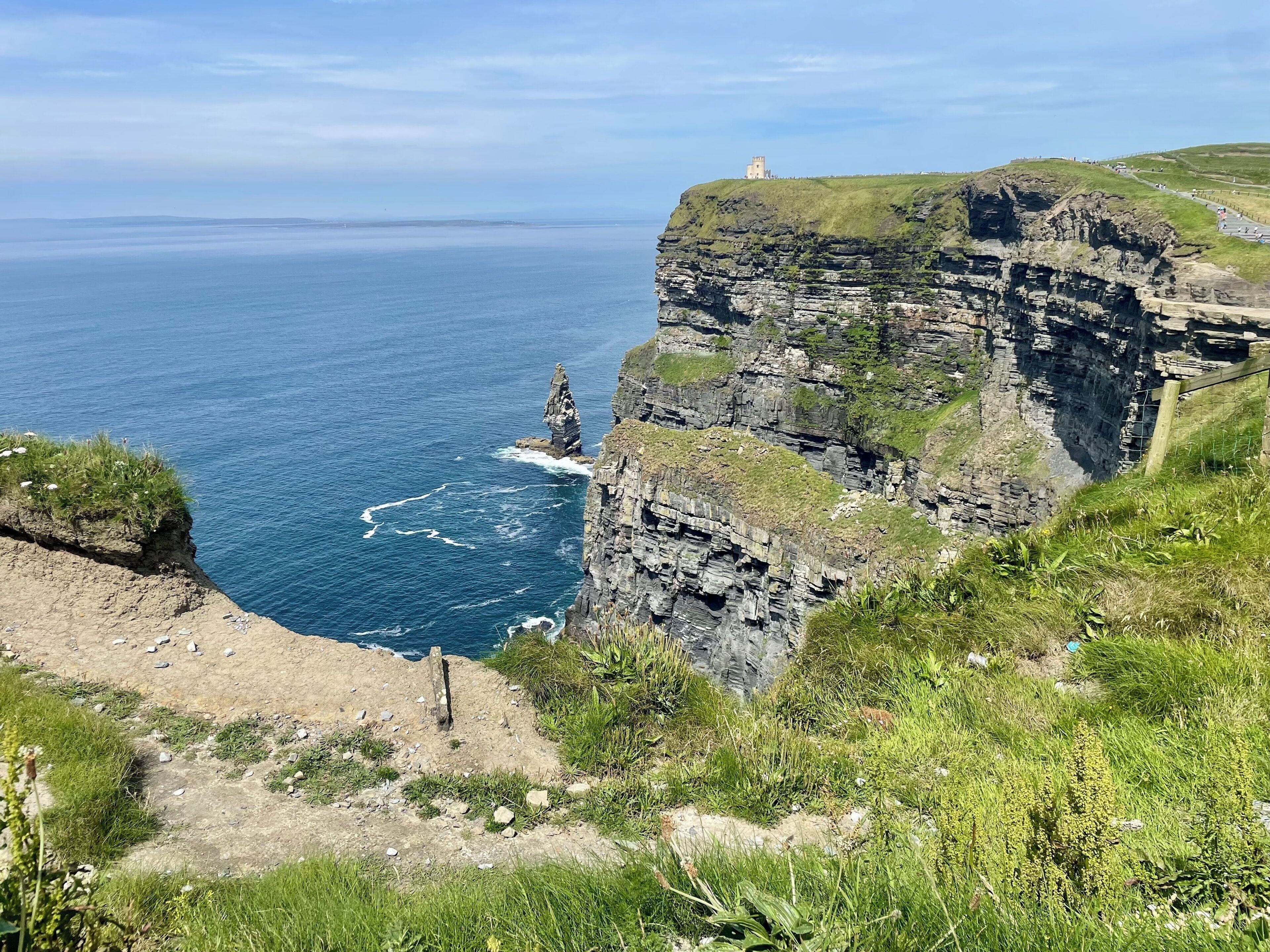A coastal cliff with a historic building on top, a clear view of the ocean, and a grassy path leading down.