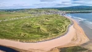 An aerial view of a coastal area with a beach, grassy dunes, and a town in the background.