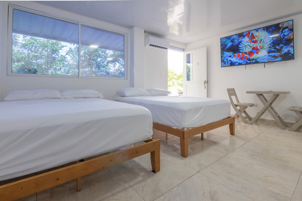 A room with two beds, a TV, and a window with a view of trees.