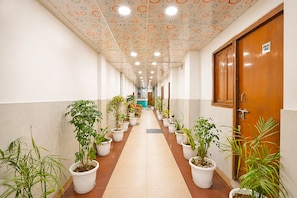 Um corredor com vasos de plantas, uma porta de madeira e teto com desenhos circulares.